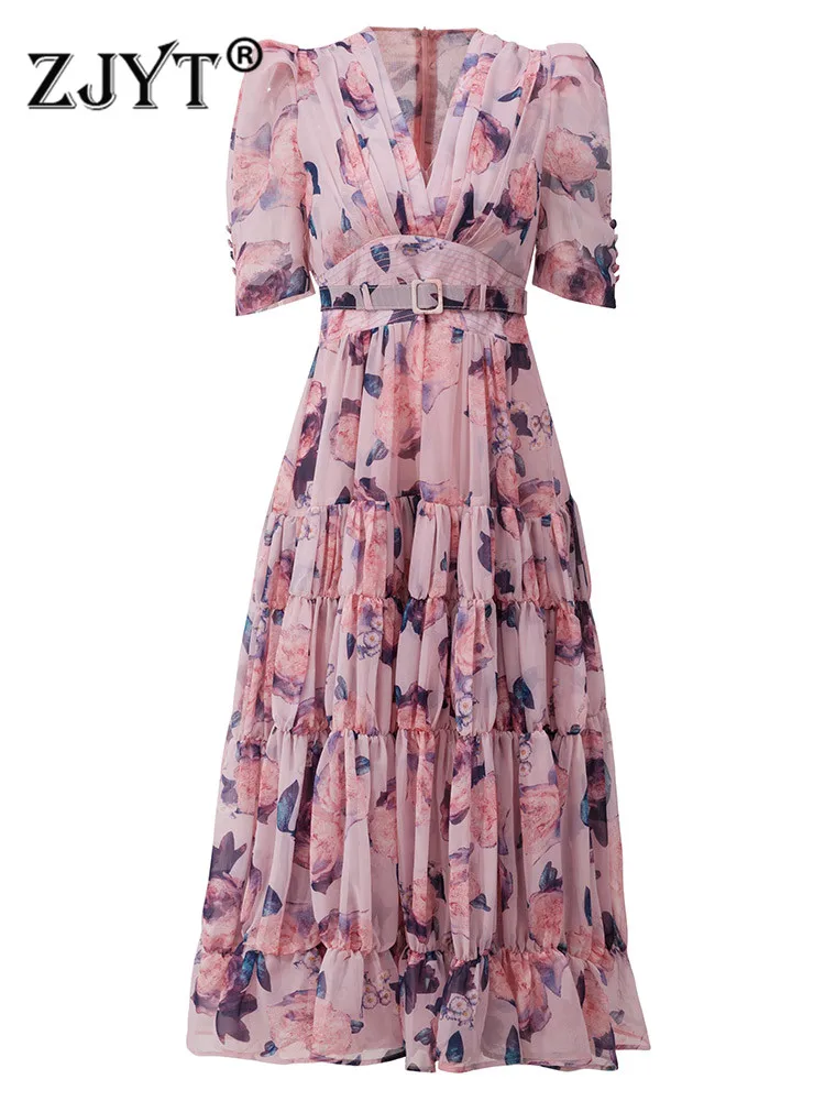 

ZJYT Summer Fashion Runway Flower Print Pink Chiffon Dress Long Maxi Women Short Sleeve Elegant Sweet Party Evening Vestidos