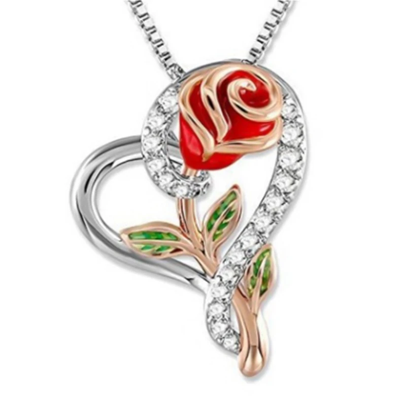 

Fashion Women's Rose Flower Shaped Pendant Heart Necklace Wedding Pendant Necklace Jewelry Gift
