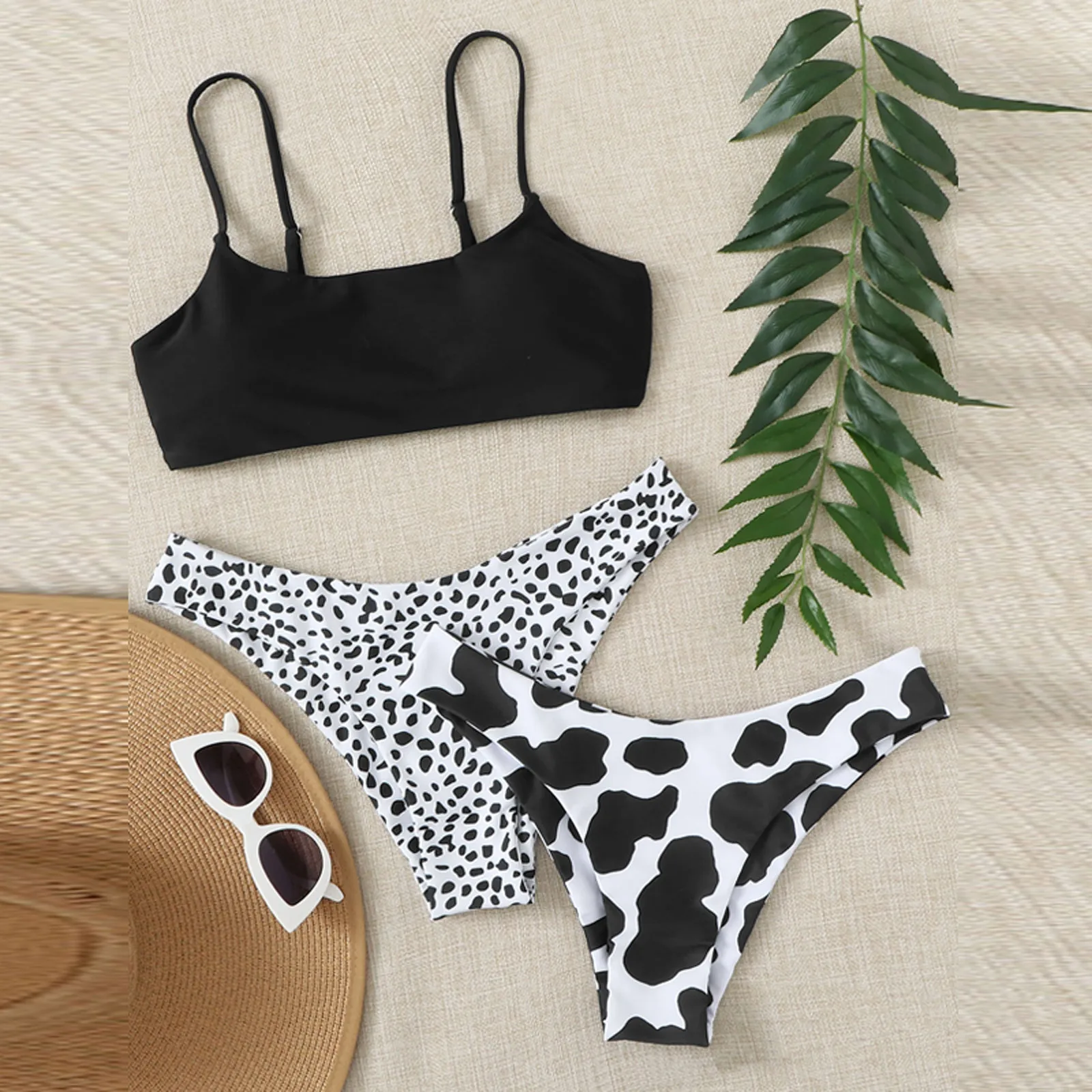 

Halter Swimsuits for Women with Shorts Set Brazilian 3pc Bandage Beachwear Swimsuit Push-Up Print Swimwear Cow Bikini Set