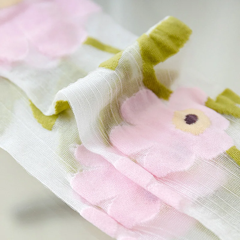 Ultra-thin Transparent Crystal Silk Socks Women Fashion Summer Harajuku Crew Socks Retro Flower Streetwear Elastic Long Sock New