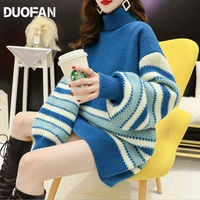 duofan high neck sweaters fashion striped knitted pullovers women 2022 autumn winter new loose korean base sweater jumpers
