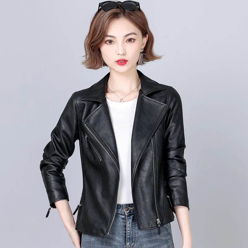 100% genuine real Autumn 2023 Women's New Motorcycle Jacket Short Single Coat Collar Sheepskin Leather Middle aged Women Slim
