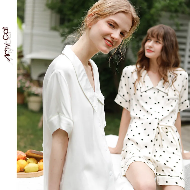 Kawaii Pajamas Sleepwear Women Summer Set Cotton Solid Short-sleeved Top Shorts Pointed Collar Two-piece Suit Women's Pijama