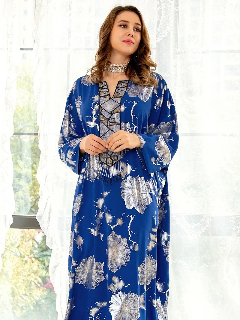 AIB-364 Woman Dress Ramadan Diamonds Bat Sleeve Dubai Turkish Islamic Long Kimono Abaya Oversized Gowns Solid Moroccan Kaftan
