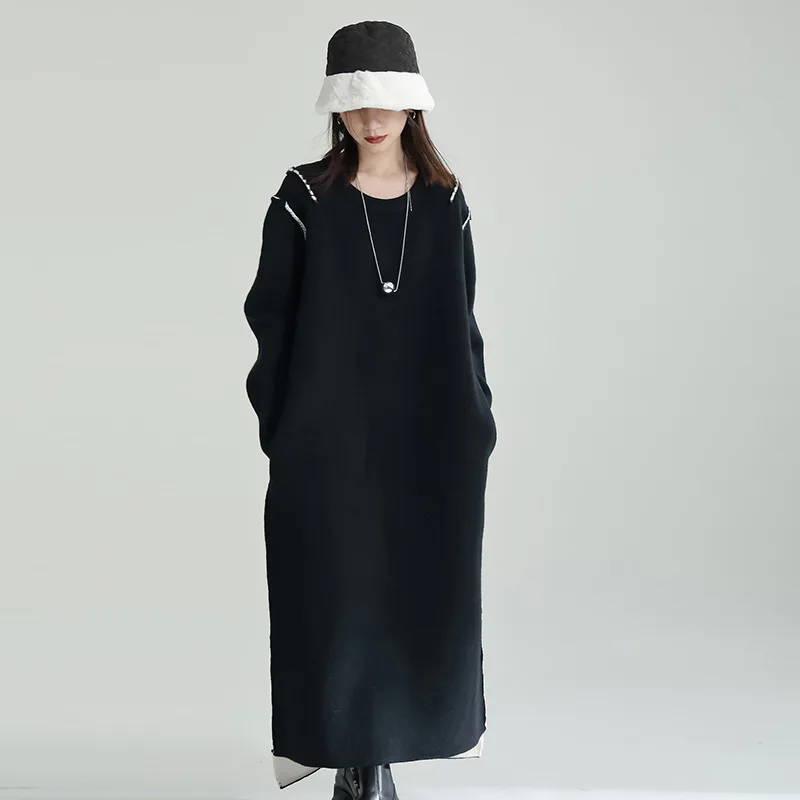 Design Sense Handmade Bright Line Knit Dress Lazy Soft Sweater Dress Thickened Long Dress