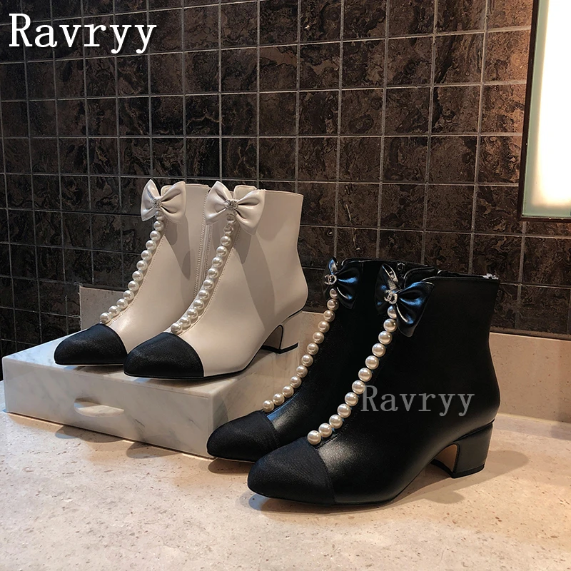European and American 2023 New Thick Heel Short Boots Butterfly-Knot Pearl Decor Pointed Toe Women's Ankle Boots
