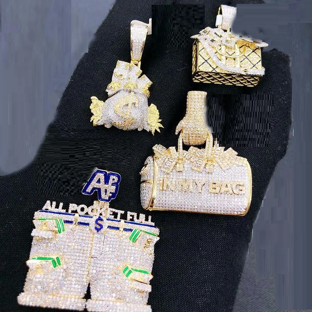 

Iced Out Punk Styles Initial Money In My Bag Hip Hop Men Pendant Necklace Micro Pave White Green CZ Iced Out Bling Dollar Design