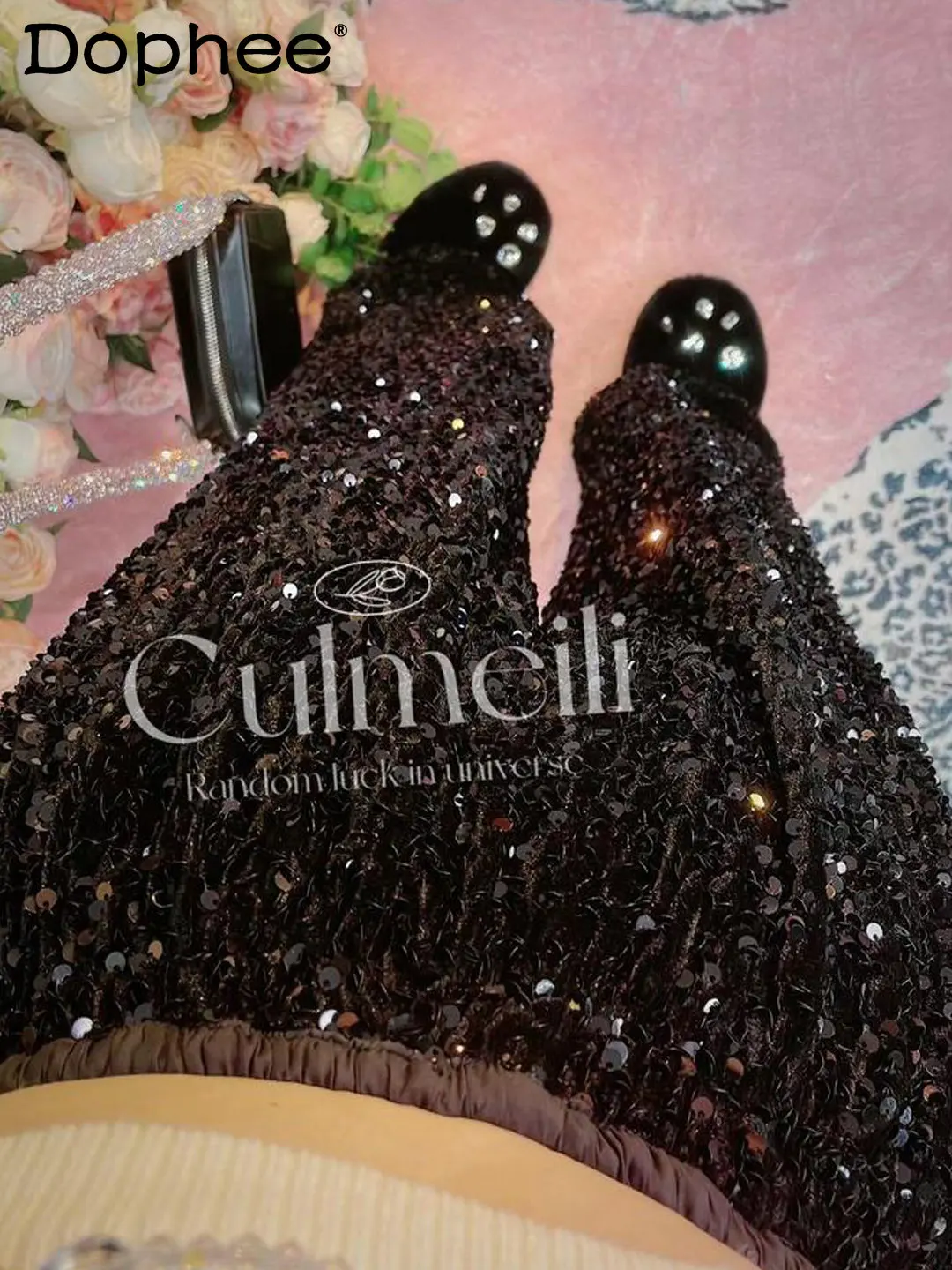 

Новинка Осень-зима 2022, прямые повседневные брюки, женские блестящие черные брюки с вышивкой и блестками, высококачественные мешковатые брю...