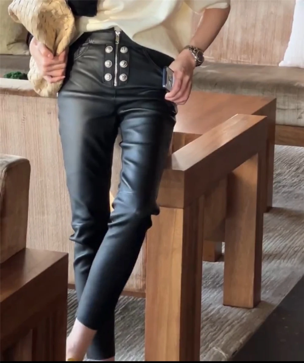 Genuine Leather Pants For Women Fashion Black Slim Sheep Leather Ankle Length Pants High Waist Button Zipper Pencil Pants Y3092