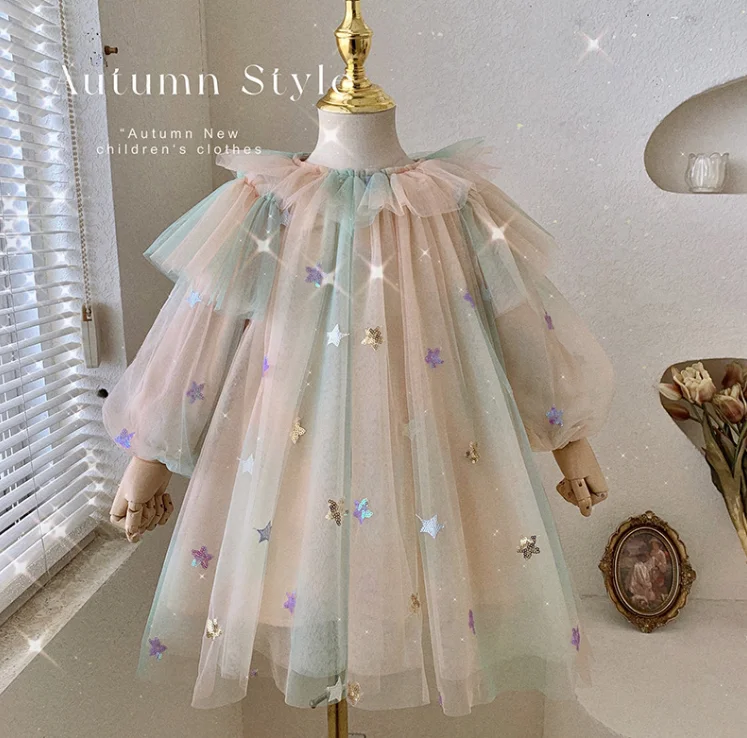 

Retail 2023 Fall Long Sleeve Baby Girls Sparkle Mesh Tutu Dress , Girls Princes Sweet Party Clothes 2-7 T
