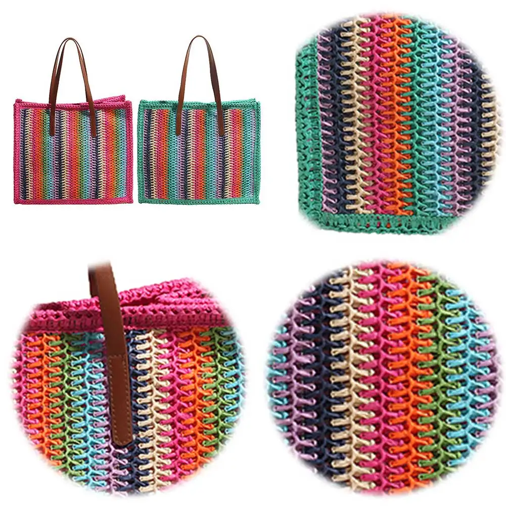 Женская Соломенная Большая Сумка В Радужную Полоску Летняя Пляжная Ручной