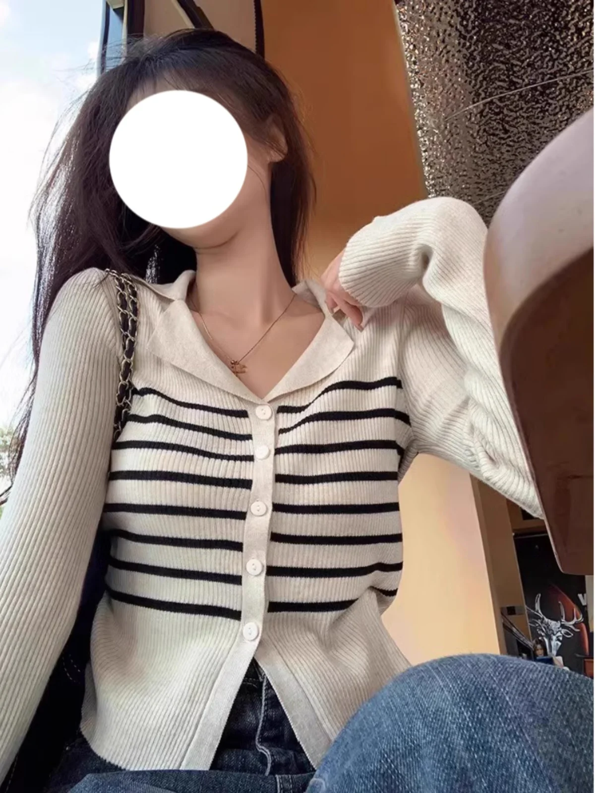 Вязаный кардиган в полоску с лацканами для женщин 2024 весна осень и зима