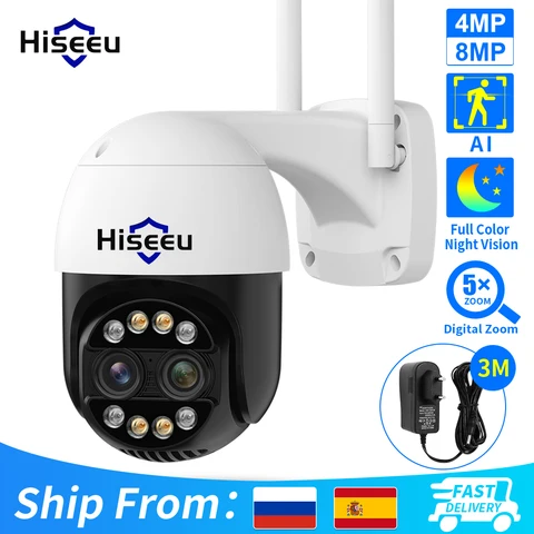 Hiseeu 4K 8MP двойная линза PTZ Wifi IP камера 8X Zoom наружная HD полноцветная камера ночного видения для обнаружения человека камеры видеонаблюдения