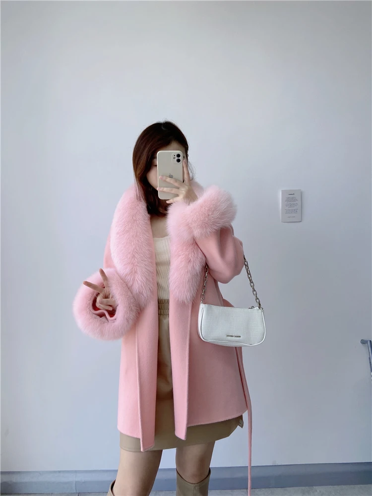 Natural Fox Fur Collar Cuffs Belt Cashmere Wool Woolen Outerwear Streetwear 2023 Real Fur Coat Winter Jacket Women