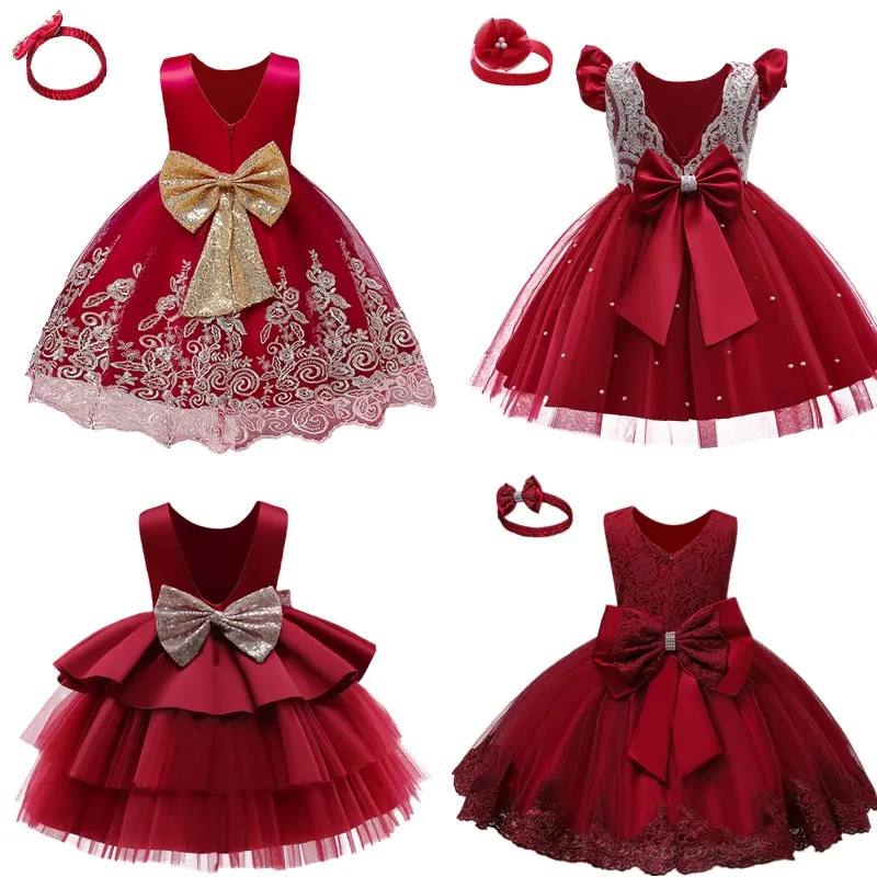 

Christmas Red Dresses for Baby Girls Lace Prom Ball Gown for Infant Girls Clothes Wedding Evening Formal Dresses for Girls
