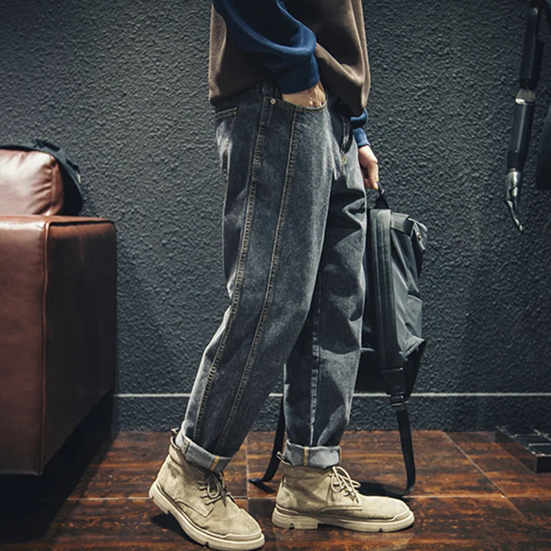 Men Clothing Autumn and Winter New Straight Loose Cylinder Jeans Vintage Splicing Comfortable Black Grey Harun Trousers Female