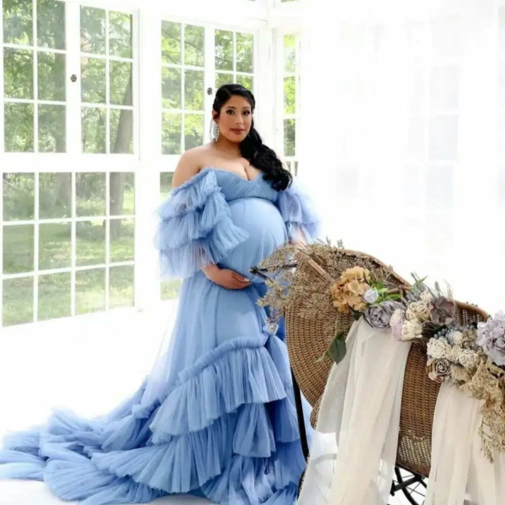 

Blue Tiered Long Tulle Maternity Dress For Photoshoot Sweetheart Pleated Sleeve Pregnancy Gown Off Shoulder Robes For Babyshower