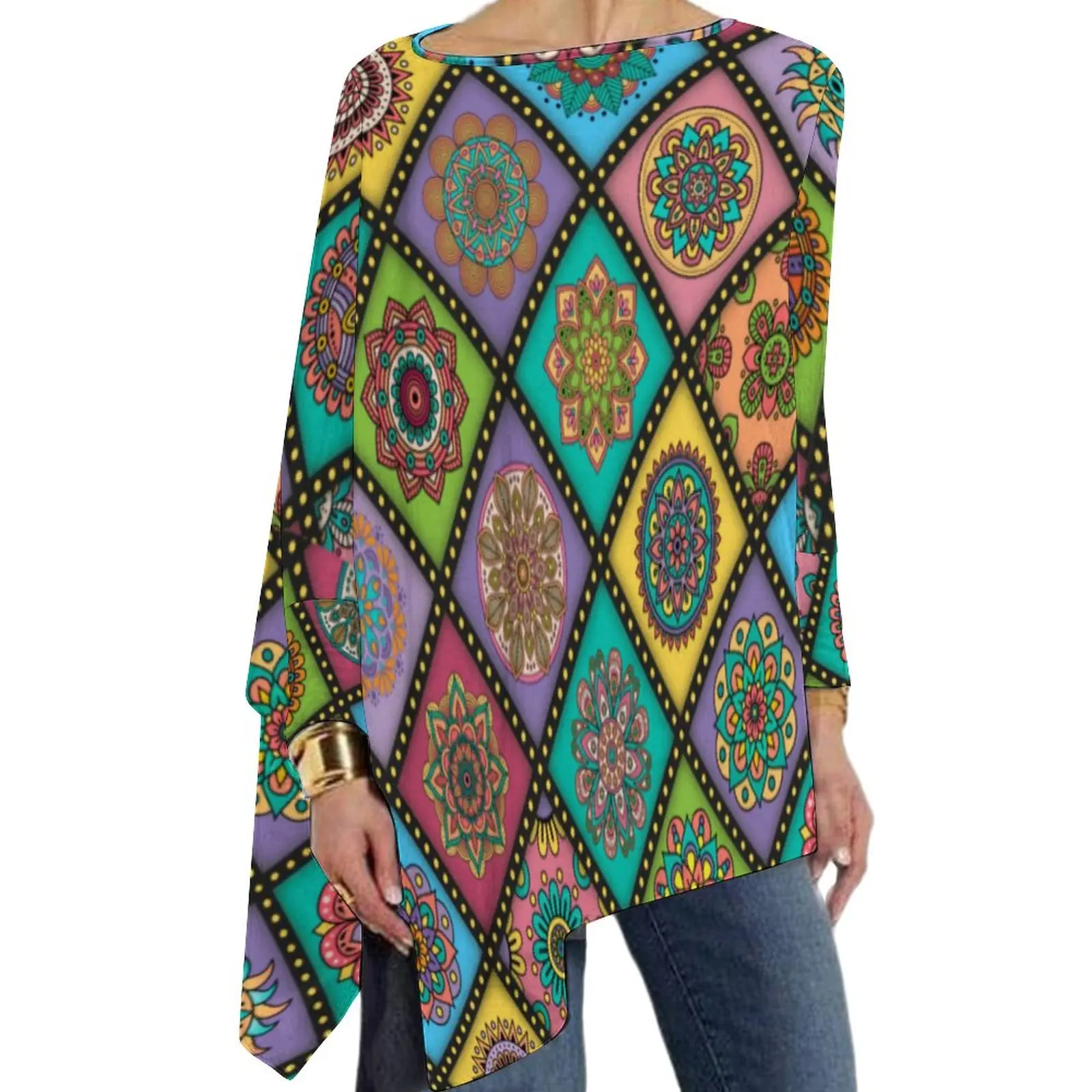 

Crazy Mandala T Shirt Vintage Bohemian Print Kawaii Long Sleeve T-Shirts Street Wear Oversized Tee Shirt Womens Graphic Clothing