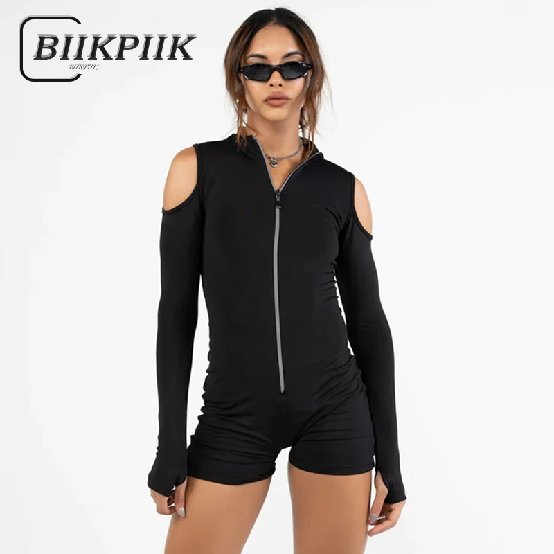 

BIIKPIIK Concise Casual Fashion Playsuits Solid Hollow Out Fashion One Piece Outfits Zipper Autumn Women Full Sleeve Playsuits
