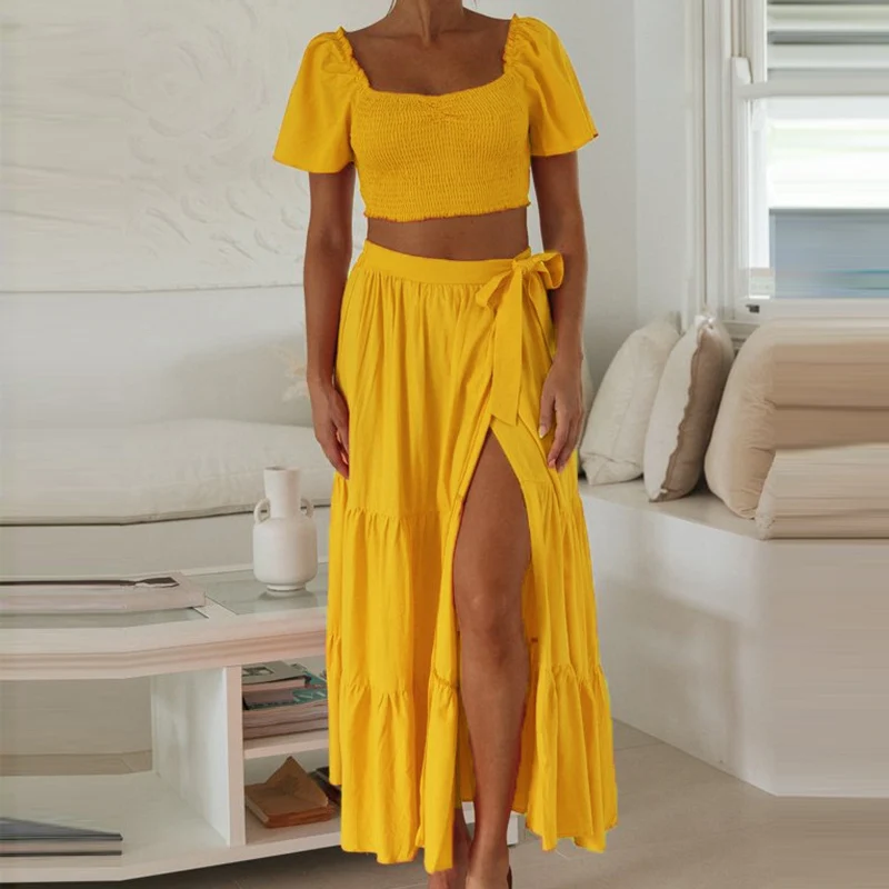 

Summer Women Beach Outfits 2022 Square Collar Short Sleeve Crop Tops+High Split Bust Skirts 2Pc Casual Lace Up Bust Skirt Set
