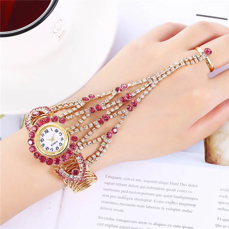 2023 New Hot Selling Luxury Gold Full Diamond Claw Chain Ring Set Women's Quartz Watch Set Girlfriend Fashion Gift