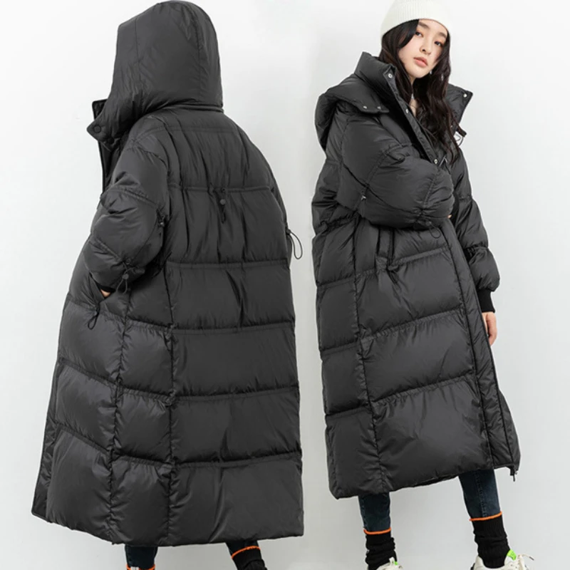 

Winter Women's Down Jacket Long Hooded Women's Thick Jacket Ladies Loose Solid Colour Casual Korean Fashion Windbreaker