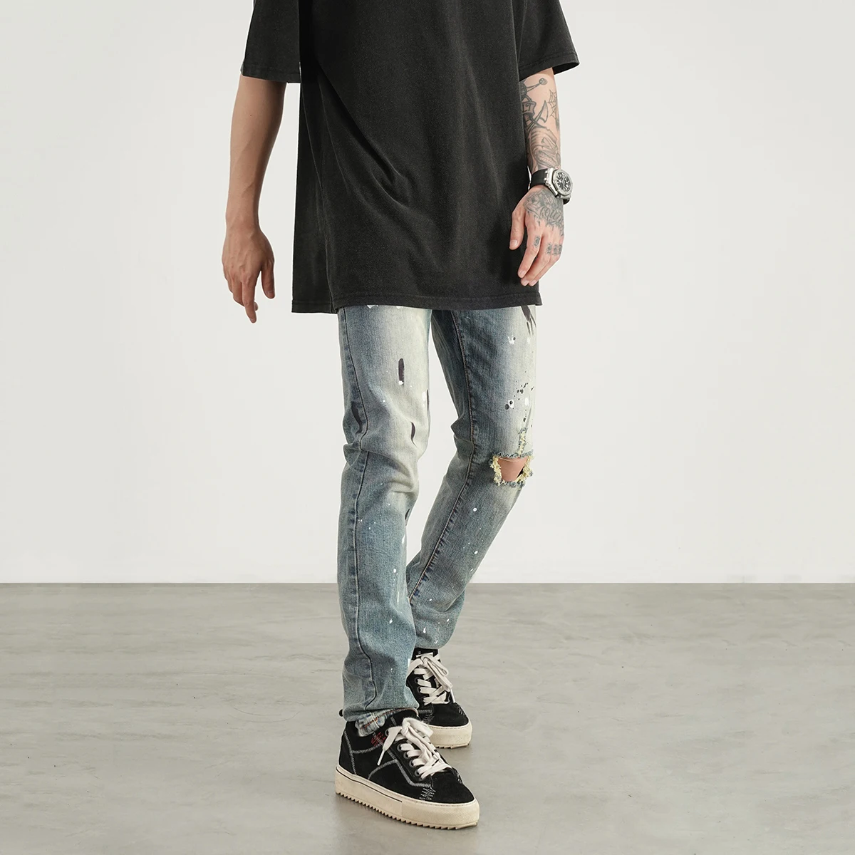 Four Seasons Men's Jeans Splattered Slim Jeans Hip Hop Straight Wide Leg Pants Ins Hot Selling Men's Designer Men's Jeans Casual