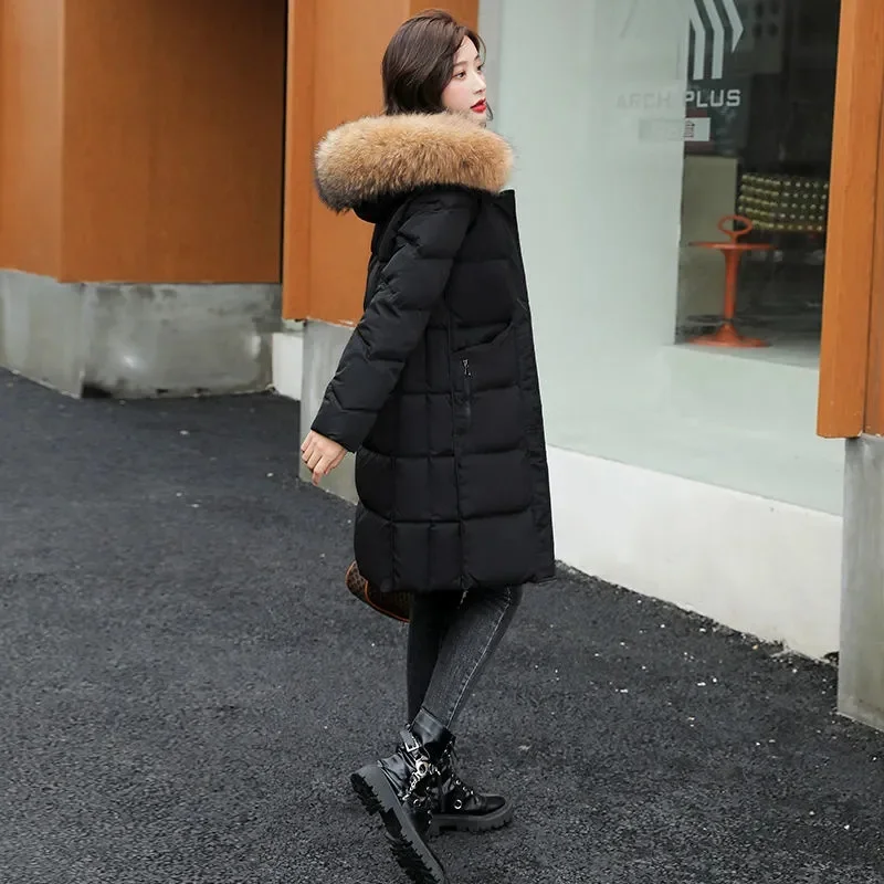 2022 New Women's Jacket Parka Winter Jacket Fur Collar Hooded Down Cotton Parkas Overcoat Thick Slim Long Coat Outerwear