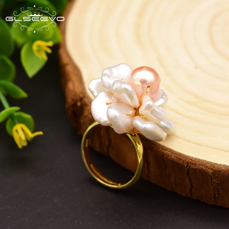 

GLSEEVO Natural Fresh Water Baroque Pink Pearl Ring For Women Wedding Adjustable Open Ring 925 Sterling Silver Jewelry GR0237