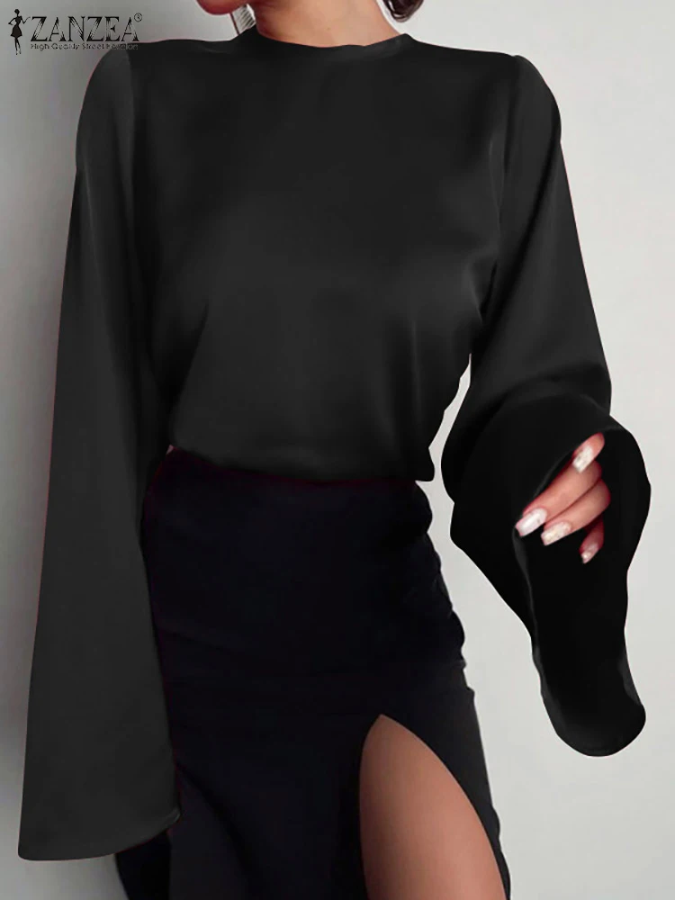 

Повседневные женские рубашки ZANZEA, атласная шелковая пикантная блузка с открытой спиной, женская блузка с расклешенными рукавами, элегантны...