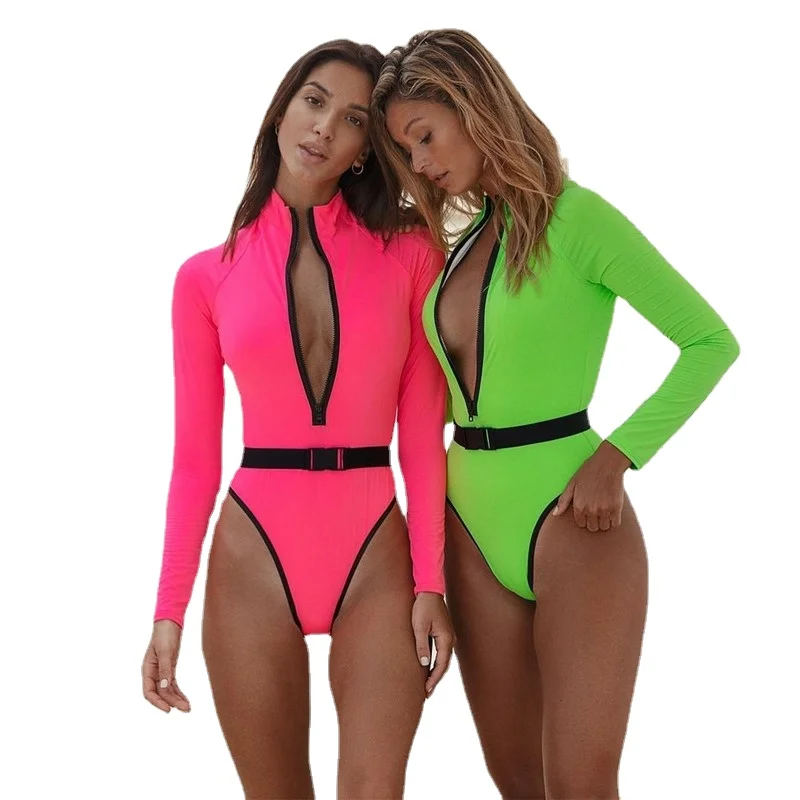 

Long Sleeve Rash Guard Women Solid One Piece Swimsuit Fluorescent Green Swimwear Zipper Surfing Suit Belt Bath Suit UV Protect