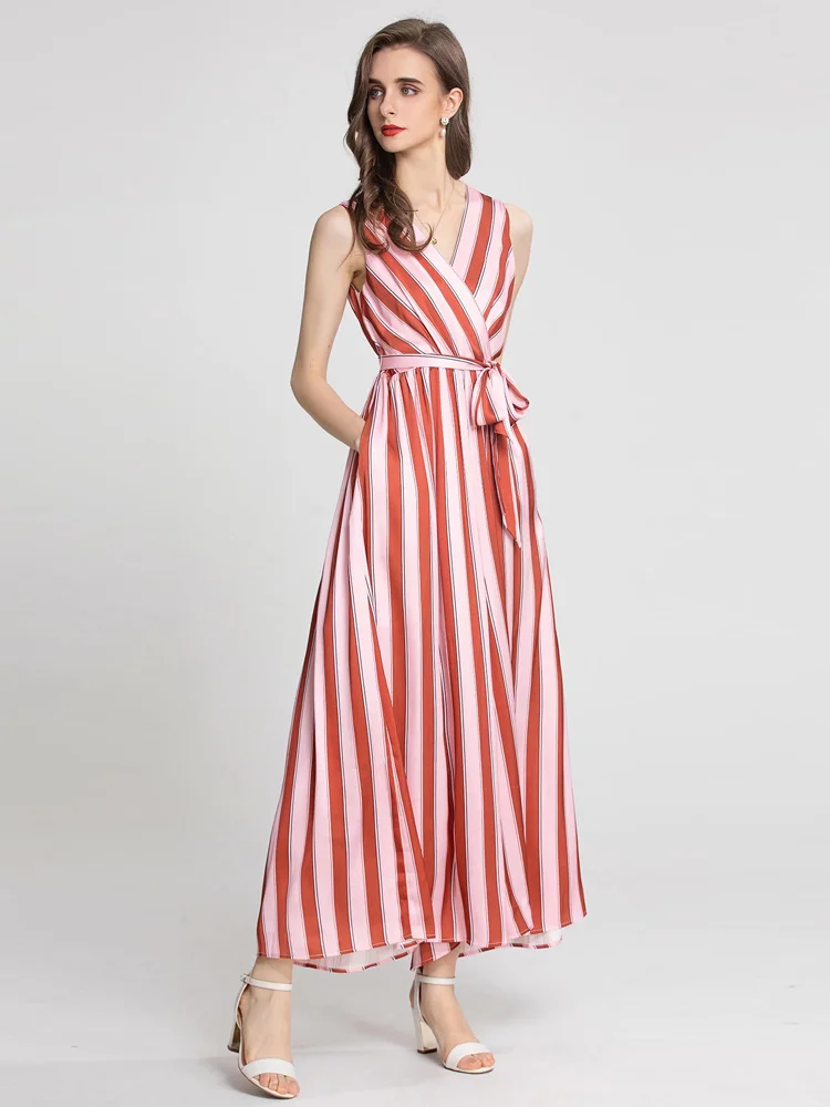 Designer Fashion New 2022 Summer Women's Rompers Casual Office Elegant Sexy V-neck Stripes Wide Leg Pants High Quality Jumpsuits