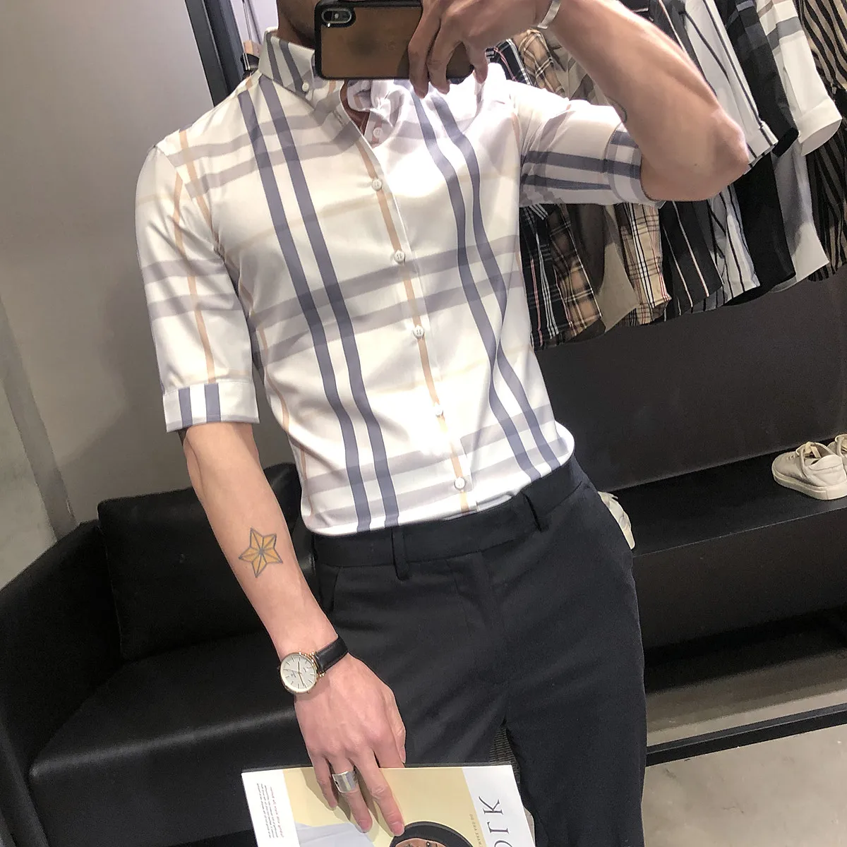 Brand Plaid Shirts Men Short Sleeve Slim Fit Shirts 2021 Summer Casual Business Formal Dress Shirts Social Office Men Clothing