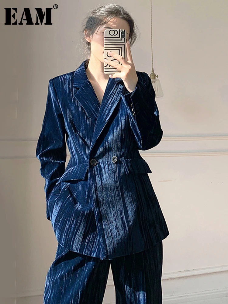 

[EAM] Wide Leg Pants Velour Two Piece Suit New Lapel Long Sleeve Blue Loose Fit Women Fashion Tide Spring Autumn 2022 1DE2689