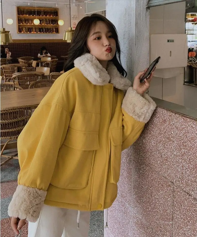 Women's Jacket Corduroy Autumn and Winter New Loose Casual Solid Color Long-sleeved Velvet Patchwork Jacket Warm Jacket Pink