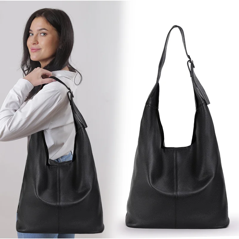 Soft Calfskin Tote Bag Overssized Women Handbag Luxury Ladies Genuine Leather Shopper Bags Black Bucket Bag 2023 New