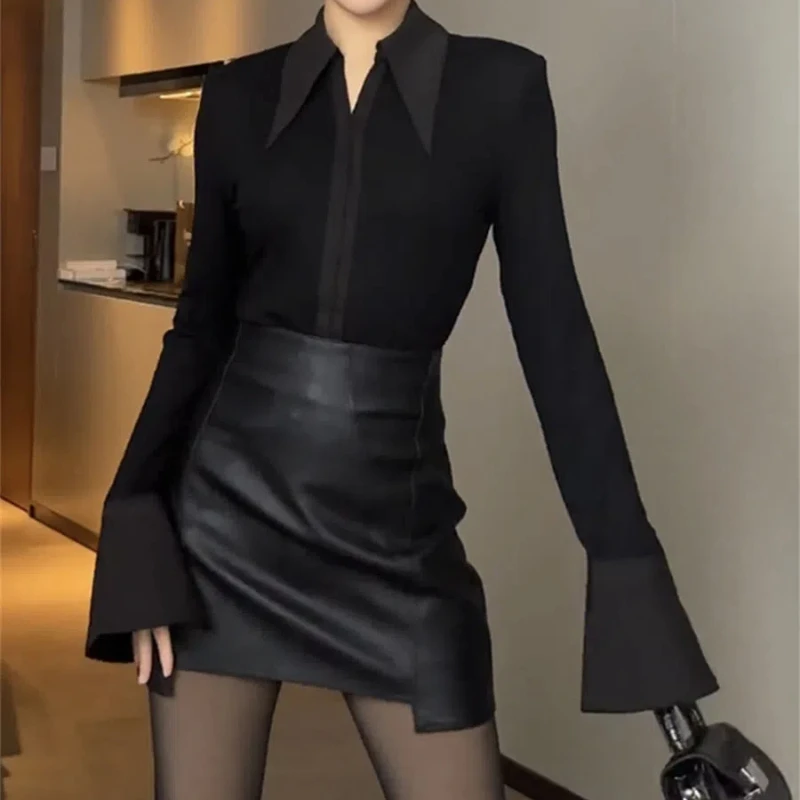 Pure Desire Sexy V-neck Polo Shirt with Patchwork Long Sleeved Feminine Temperament Waist Cinching Careful Machine Bottom Shirts