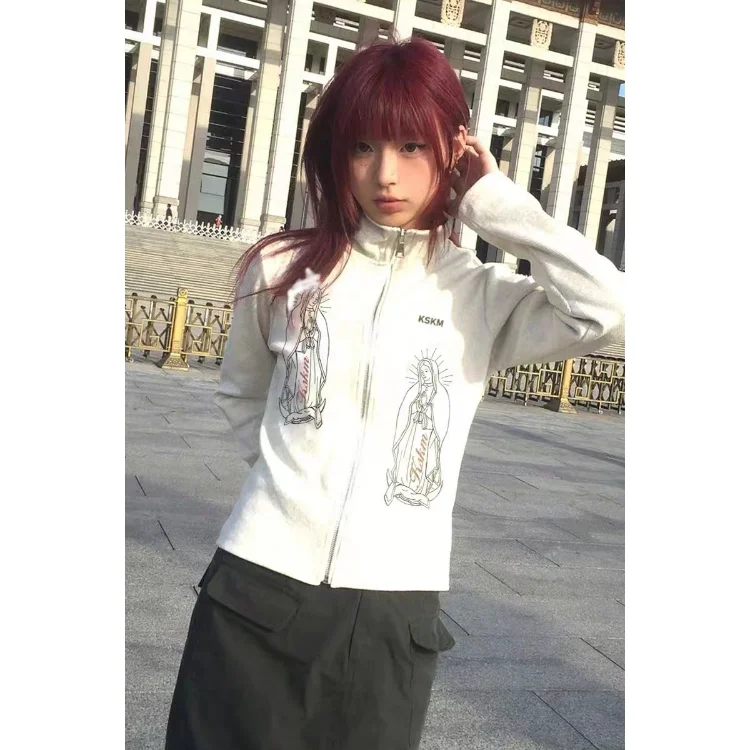 

Gothic Streetwear White Slim Fit Jackets Vintage Print Zipper Long Sleeve Coat Women Harajuku Stand Collar Y2k Veste Femme