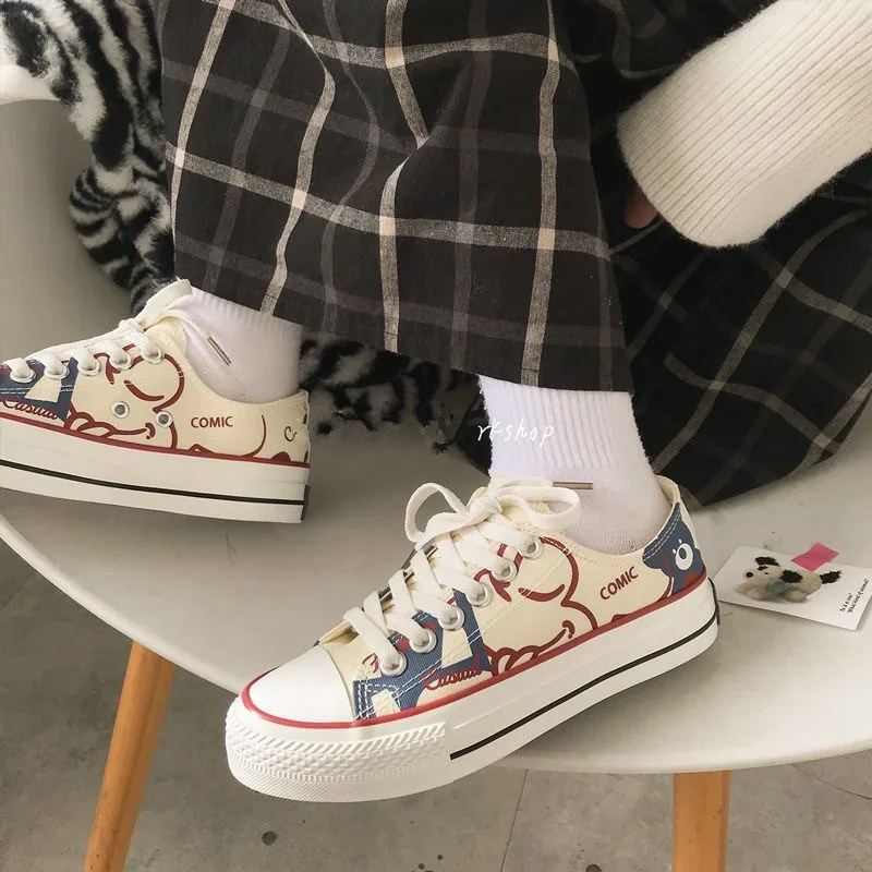 

Low Black Slip-On Canvas Shoes Flats Korean Cute Sneakers For Women 2022 New Summer Flat Cartoon Graffiti Student Harajuku Shoes
