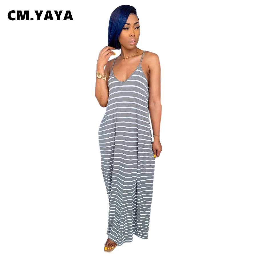 Женское длинное платье-футболка в полоску с V-образным вырезом и боковым карманом