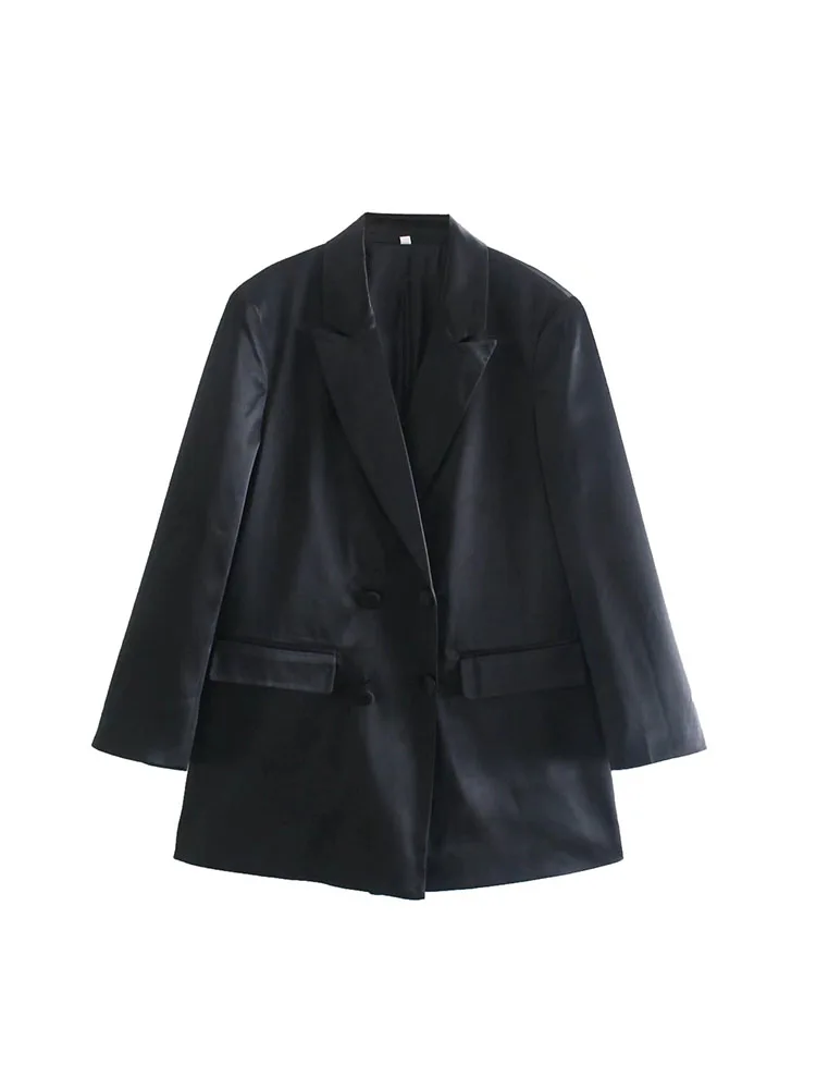 

BM&MD&ZA Women 2022 New Fashion Double placket silk satin texture casual Blazer Coat Long Sleeve Pockets Female Outerwear Chic