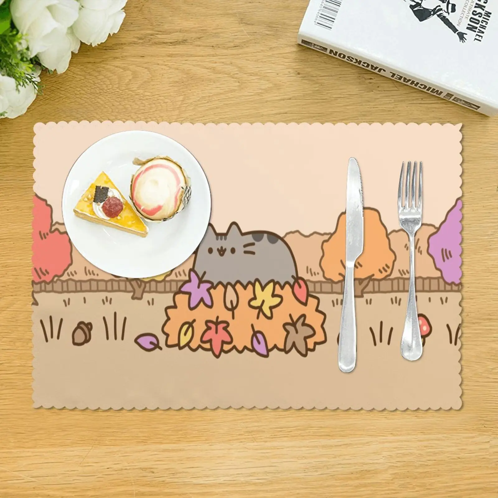 

Grey Cat Fall Leaves Placemat for Dining Table Set of 4 Polyester Halloween Single Side Printed 12x18 Inch Mats Pads