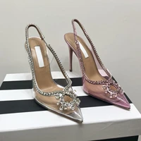 new 10cm high heels thin heels womens shoes 2022 summer fashion korean pointed sheepskin transparent crystal high heels sandals