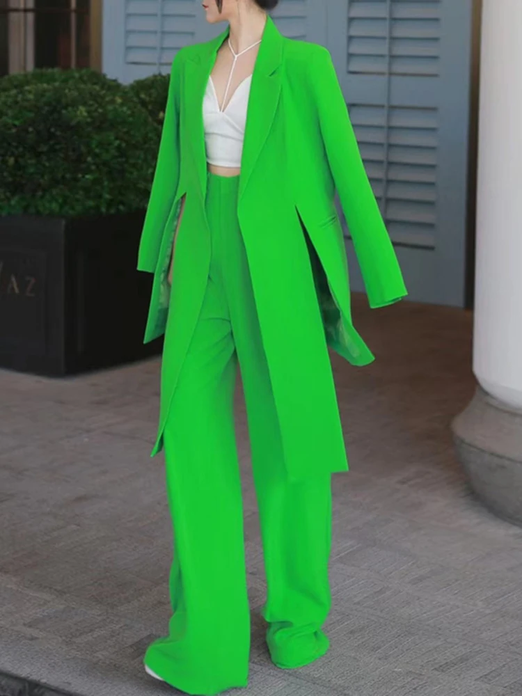 2022 Autumn Two-piece Sets Women Green Lapel Long Sleeve Irregular Blazer Coat + High Waist Wide Leg Pants Fashion Trend