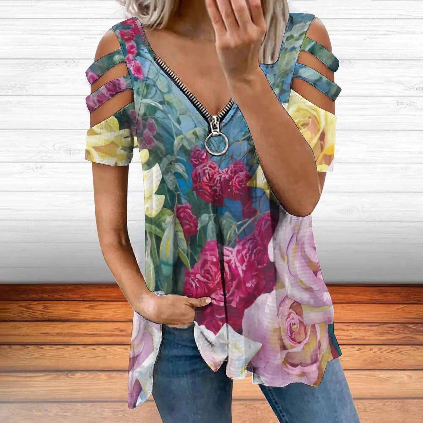 

2022 New Women's Zipper off-the-shoulder T-shirt Printed T-shirt Street wear top fashion women's T-shirt casual fashion