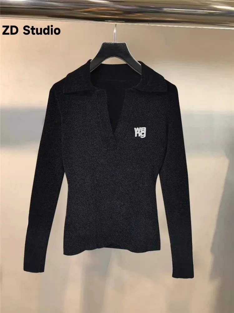 

[ZD Studio] 2023 Spring New Long Sleeve V-Neck Slim Fit Letter Bright Diamond Base Knit Sweater Female