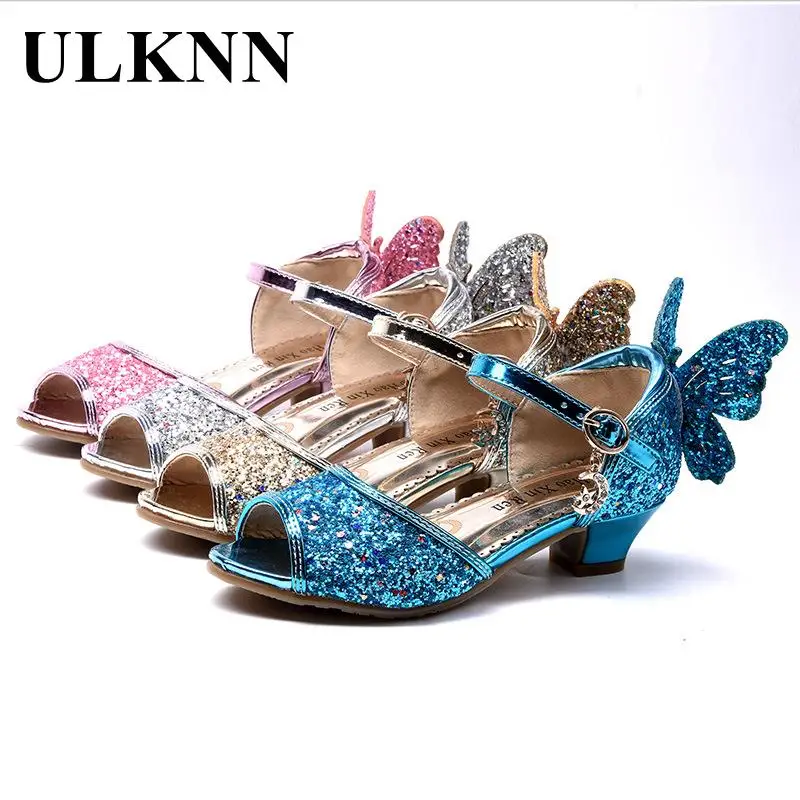 

Синие сандалии для девочек, детские розовые сандалии на высоком каблуке, шлепанцы для студентов, сандалии принцессы, золотистые для выступл...