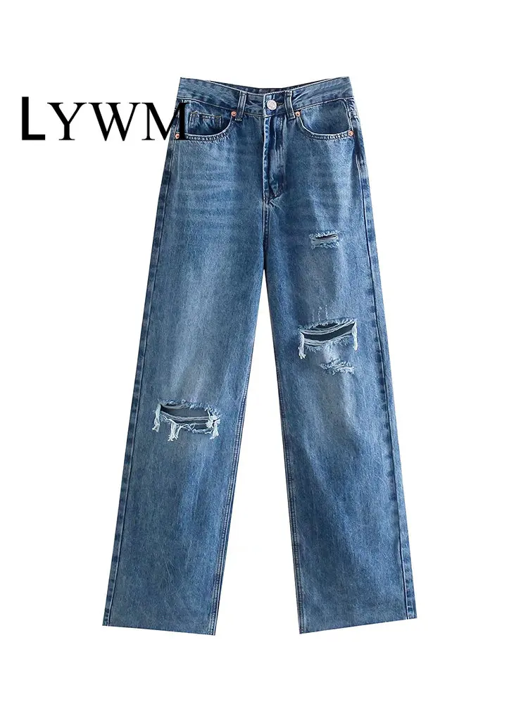 

Женские модные джинсы LYWM, однотонные рваные джинсы на молнии спереди, винтажные длинные женские шикарные брюки с высокой талией