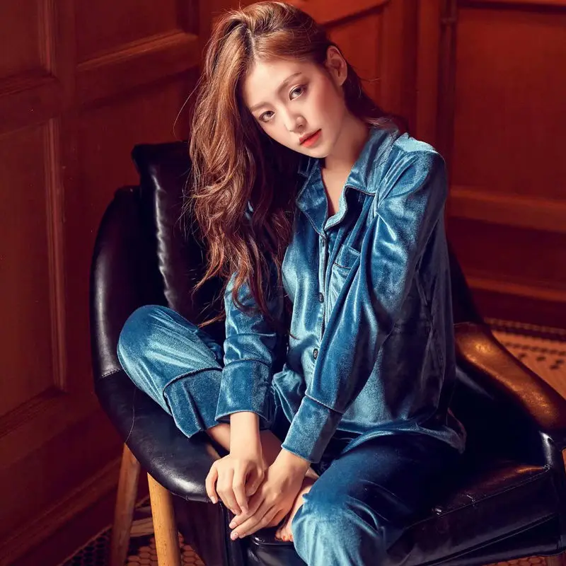 2pcs/Lot Autumn Winter Women Pajamas Sets Satin Velvet Sexy Warm Homewear Pijama Pyjamas Suit For Women