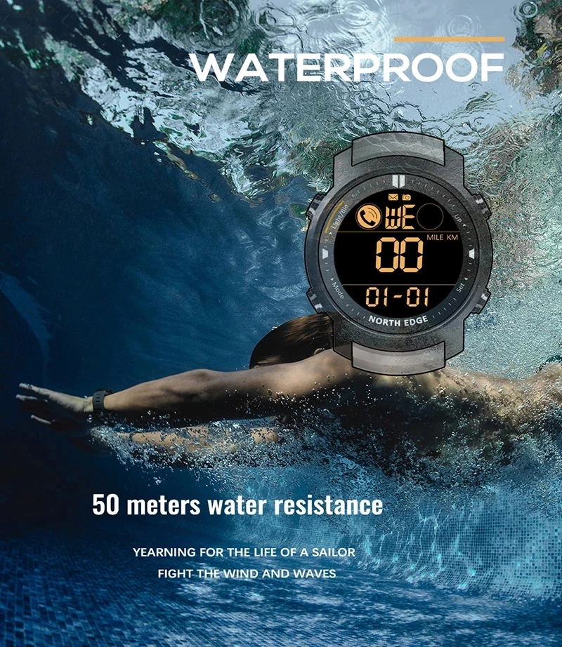 Дешево Смарт-часы NORTH EDGE мужские с GPS, пульсометром, водонепроницаемость до 50 м